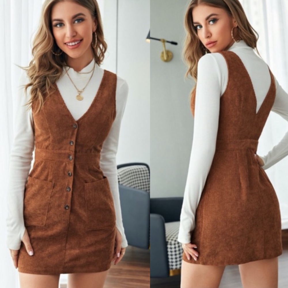 Tan corduroy overall dress